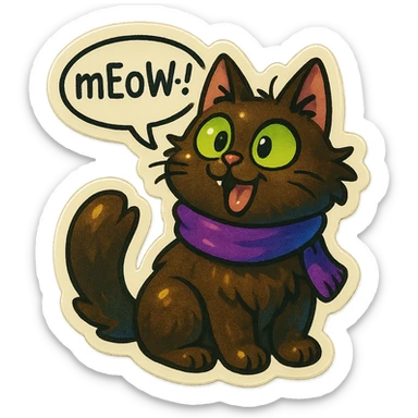 Fluffy cute derpy silly goofy funny dark-brown cat with green eyes and a purple scarf saying ‘mEoW~!’ (With a speech bubble) sticker