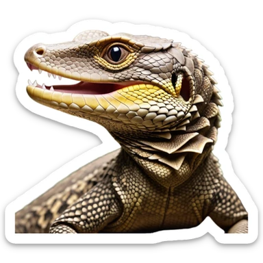 Cinematic Cute Yawning brown camo spotted monitor Lizard Portrait Emoji, Head tilted slightly with a dramatic, wide-open yawn, showcasing textured, patterned scales and sleepy, half-closed eyes exuding relaxed charm, Simplified yet irresistibly adorable features, highly detailed, glowing with a soft, cozy glow, high shine, relaxed yet expressive, stylized with a dash of whimsical wildness, soft glowing outline, capturing the essence of a drowsy yet affectionate reptile that appears ready to stretch out for a nap! sticker