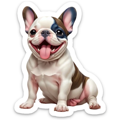 Cinematic Cute Yawning Pied French Bulldog Portrait Emoji, Head tilted with an exaggerated, endearing yawn and sleepy, squinty eyes, showcasing a unique pied fur of contrasting colors with a playful expression, simplified yet irresistibly adorable, highly detailed, glowing with a soft, cozy radiance, high shine, exuding a relaxed, humorous charm, styled with a gentle, soft glowing outline, capturing the essence of a Pied French Bulldog in a blissfully cute yawn that warms the heart! sticker