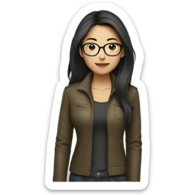 asian girl with glasses and a leather jacket with a  khaki shirt and long dark hair sticker