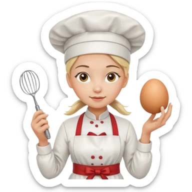 Young female pastry chef - ponytail, apron, wearing a white hat, holding an egg beater in her right hand
 sticker