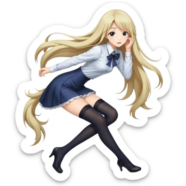 A stunning anime girl with long, flowing hair, wearing elegant thigh-high stockings and a stylish outfit. She gracefully bends over to pick something up, her expression soft and charming. The scene is detailed with warm lighting, smooth shading, and an artistic touch that enhances her beauty sticker