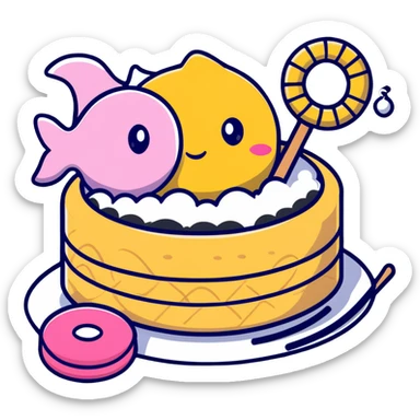 A sleek, modern Apple-inspired design with fish cake with pink swirl, rice cracker, and dango arranged in a clean, minimalist style with subtle Apple company aesthetic sticker