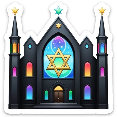 jewish synagogue temple in dark goth aesthetic style with black building and very light rainbow tint glass windows and star of david and celestial symbolism sticker
