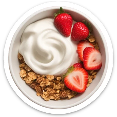 Top view of a yogurt bowl with strawberries and granola sticker