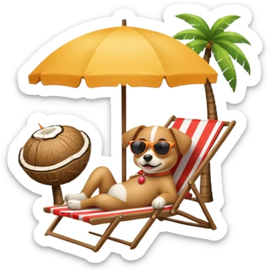 a dog laied on a beach chair, a sunny beach, a sun umbrella, and beach coconut trees. the icon should capture the essence of a relaxing beach vacation with a carefree atmosphere sticker