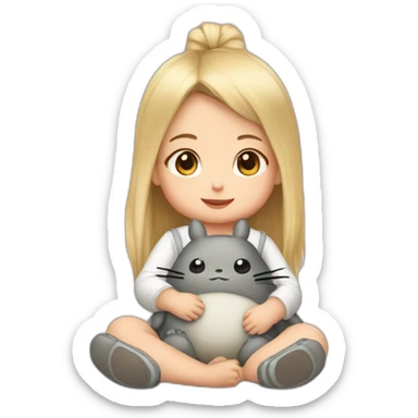 bébé fille blonde décoiffée assise avec une peluche Totoro  sticker