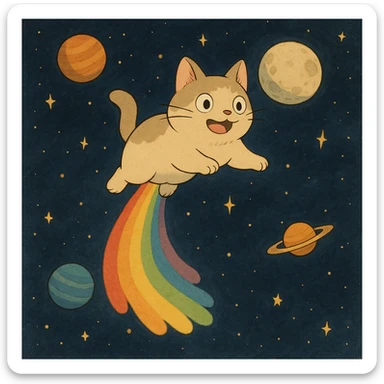 ghibli style flying cat pooping rainbows in outer space with stars and planets sticker