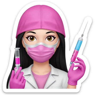 laboratorista con guantes rosa y mascarilla rosa jeringa tubo laboratorio sin lentes y ojos negros cabello largo negro color ojos oscuro color y cabello largo lacio guantes camisa y maascarilla mismo color sticker