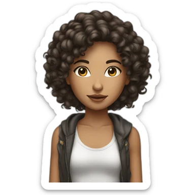 a girl with long dark brown curly hair and skin clear with street wear sticker