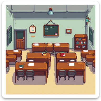 classroom scene with many students and a teacher in pixel art style sticker