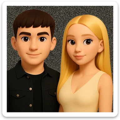 Slightly increase the volume of the upper body of the girl, separate the girl and the boy from each other, and make the skin color the same for both characters. Maintain the cartoonish 3D style as in the reference image. sticker