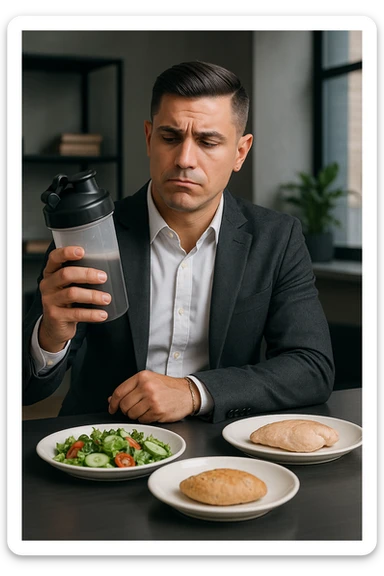 un uomo in abiti da ufficio tiene in mano uno shaker o una bottiglia di sostituto pasto, guardandolo con un’espressione neutra o leggermente indecisa. Sul tavolo davanti a lui ci sono piatti di cibo solido non toccati, come insalata, pollo e pane, a sottolineare la sua scelta di evitare il pasto tradizionale. L’atmosfera è moderna e riflessiva. sticker