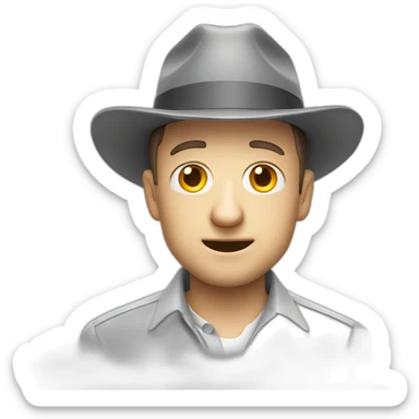 tim robinson wearing a grey fedora with a grey flap on the back white shirt looking scared sticker