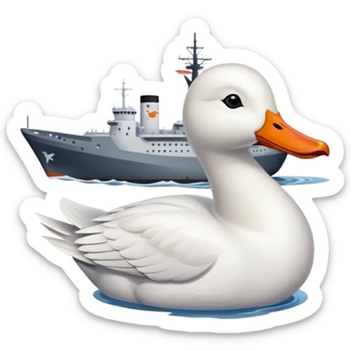 A cartoon military ship with planes on the deck and a large white goose head with orange bill at the front sticker