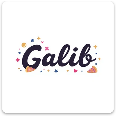 Galib in elegant cursive and bold mix, dreamy purple blue gold gradient, surrounded by sparkles, hearts, stars, and aesthetic emojis, romantic luxurious whimsical nameplate sticker