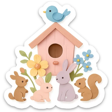 birdhouse with flowers and forest creatures including bunnies, birds, squirrels, soft pastel colors, transparent background sticker