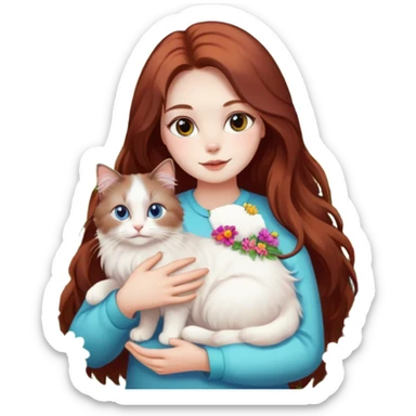 A woman with long dark auburn hair holding a white ragdoll cat in a field of flowers sticker