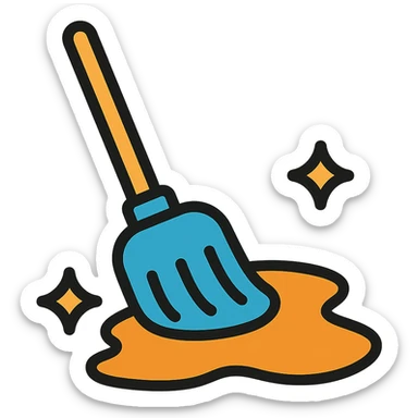 A simple mop cleaning a flat syrup spill on the floor, not inside a jar, in lineal color icon with black outlines style, transparent background. sticker