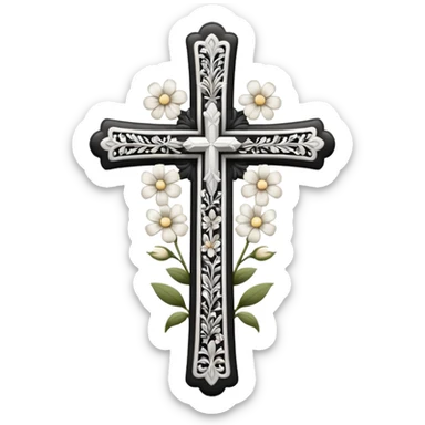 a black and white detailed cross with flowers over lapping sticker