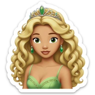 Disney Princess Tiana with extremely long blonde curly hair, green dress sticker