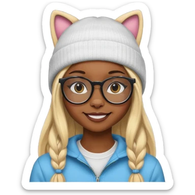 black skin, Blonde girl wearing cat  glasses and beanie, long hair sticker