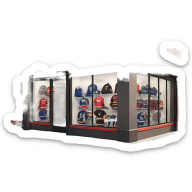 “Hockey store exterior with bold signage, large windows displaying hockey equipment, jerseys, and gear, and a sleek, sporty design that captures the essence of the sport.” sticker