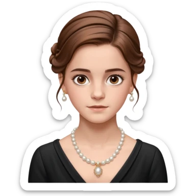 Cinematic Emma Watson Realistic Rococo Portrait, depicted with lifelike skin texture, subtle rosy undertones, and soft natural lighting that enhances the gentle contours of her face. Her intricately detailed brown hair is elegantly styled in an updo, sticker