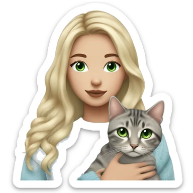 Blond chin lenght hair girl with middle part and green eyes and septum piercing in a light blue sweater holding a grey tabby cat with white paws and face sticker