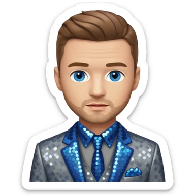 Justin Timberlake with light brown hair, blue eyes, sequin grey suit jacket sticker