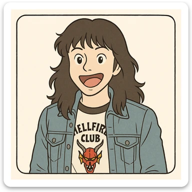 Eddie Munson from Stranger Things, iconic look: long hair, denim jacket, Hellfire Club t-shirt, animated expression, simple line art, light pastel tones, thick outlines, in Ghibli style, square 1:1 format. sticker