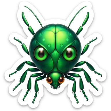 Cinematic Cute Green Bugdie Portrait Emoji, Head tilted playfully and inquisitively, featuring a glossy, vibrant emerald exoskeleton with intricate patterns, round, sparkling multifaceted eyes filled with curiosity, Simplified yet irresistibly adorable features, highly detailed, glowing with a warm, friendly glow, high shine, affectionate and lively, stylized with a touch of whimsy, bright and endearing, soft glowing outline, capturing the essence of a mischievous yet charming bug, so playful it feels like it could buzz out of the screen and into your arms! sticker