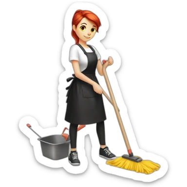 Slavic girl with red hair in a ponytail in a white T-shirt and a black apron washes the floor with a mop  sticker