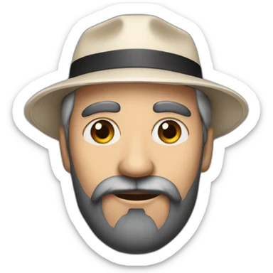 A grandfather with a black beard and a cyber eye on the right side of his face wearing a hat sticker