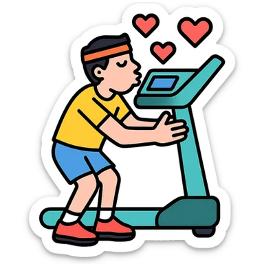 the sportsman is hugging and kissing the treadmill. They are surrounded by red hearts sticker