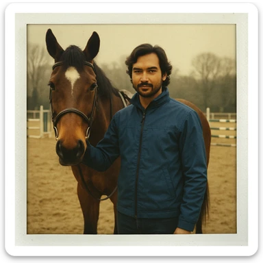 Create a Polaroid-style image of a person standing next to a horse on a horse course, wearing a blue jacket. Include a classic Polaroid white frame with a slightly vintage, faded photo effect. sticker