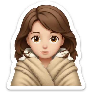 brown haired girl wrapped up in fluffy beige blanket sticker