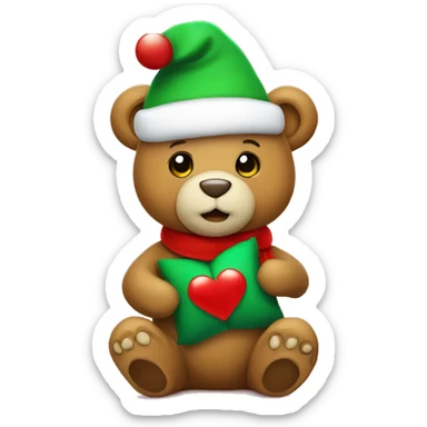 Christmas bear wearing christmas hat in red with holding green heart with two hands. Be cute sticker