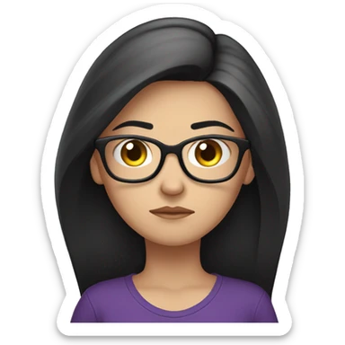 white girl, angry scowling, purple t-shirt, long black hair, wearing glasses, with arms crossed over chest. sticker