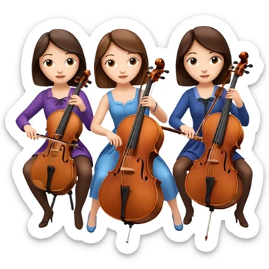 Create an imagine of three brunette women playing string instruments, the first is playing a cello, the second is playing a viola and the third is playing the violin sticker