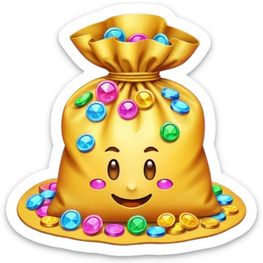 loot bag overflowing with coins and gems, symbolizing resources and rewards, modern emoji style sticker