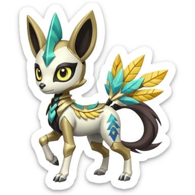 Arrow-patterned chevron-marked Cute Big-eyed anime-styled Colorful Shiny Tribal Skeletal masked armored Meloetta-Silvally-Solgaleo-Raikou-Pokémon-Digimon-Fakémon-fusion-hybrid-creature, full body sticker
