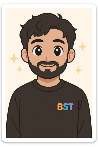2D digital anime-style portrait of a young adult male with medium skin tone, short wavy black hair, almond-shaped black eyes, and a full beard. Wearing a plain black sweatshirt with the BST logo in vibrant colors (orange, teal, purple, blue) on the left chest. Solid black background. Facing forward with a slight smile (no teeth). Soft and flat lighting, clean anime lines, smooth shading. Professional, cohesive team style. sticker