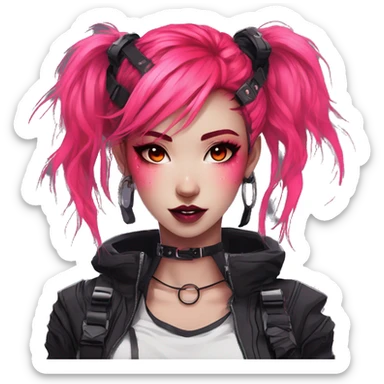 Gorgeous bright colorful neon gothic techwear anime style lady with blushing face aesthetic and pretty edgy black red punk messy hair with collar and harness trending style sticker