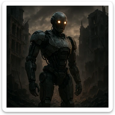 AI robot in a post-apocalyptic world, surrounded by ruins, dramatic lighting, dystopian atmosphere sticker