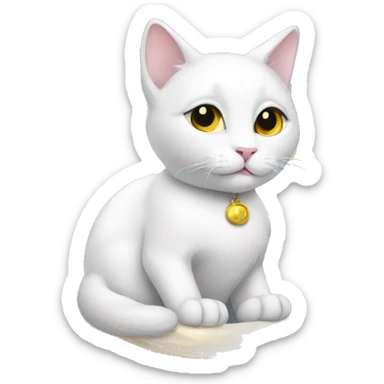 white cat sitting on moon with halo on head sticker