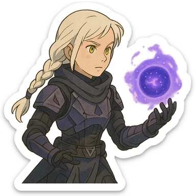 1 female, white hair long braid, gold yellow eyes, no helmet, a novice warlock from Destiny 2 armor, charging a void grenade in her hand sticker