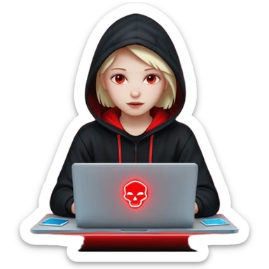 developer behind his laptop with this style : Crytek Crysis Video game neon glowing bright red character red black hooded hacker themed character sticker