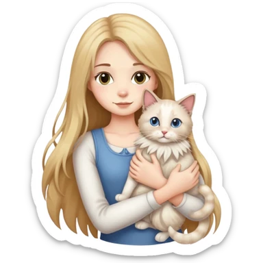 Long hair girl holding a Ragdoll cat in arms  sticker