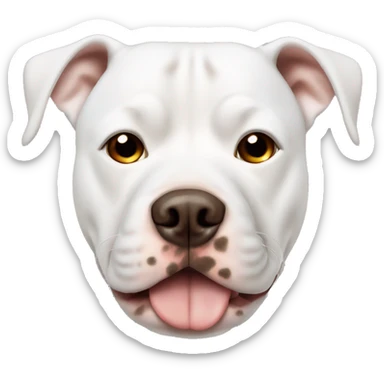 white pitbull dog with brown spots in the face and a big one spot in the eye and one brown ear sticker